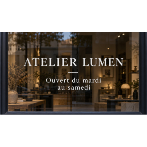 Lettrage adhésif 50 × 100 cm blanc sur vitrine sombre