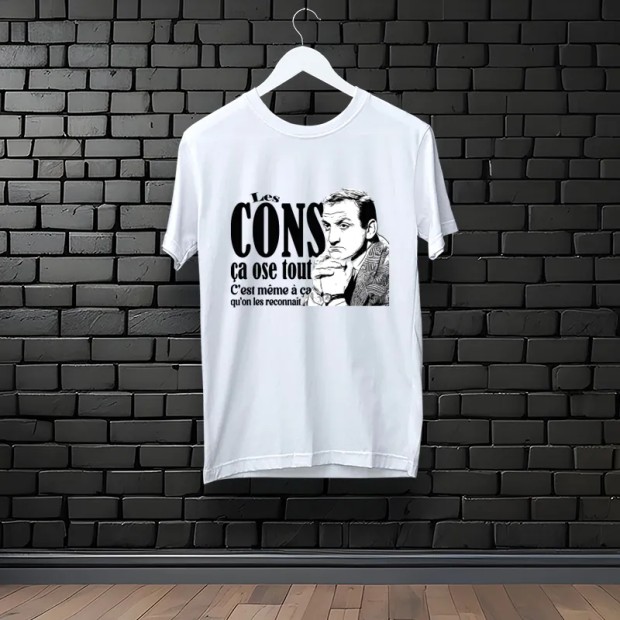 Tee-shirt blanc 100% coton avec flocage "Les cons ça ose tout, c'est même à ça qu'on les reconnaît"