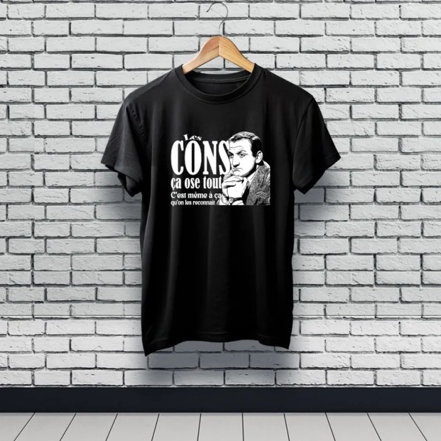 Tee-shirt noir 100% coton avec flocage "Les cons ça ose tout, c'est même à ça qu'on les reconnaît"