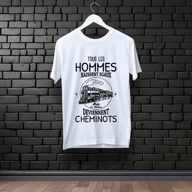 Tee-shirt "Tous les Hommes naissent égaux mais les meilleurs deviennent cheminots" blanc