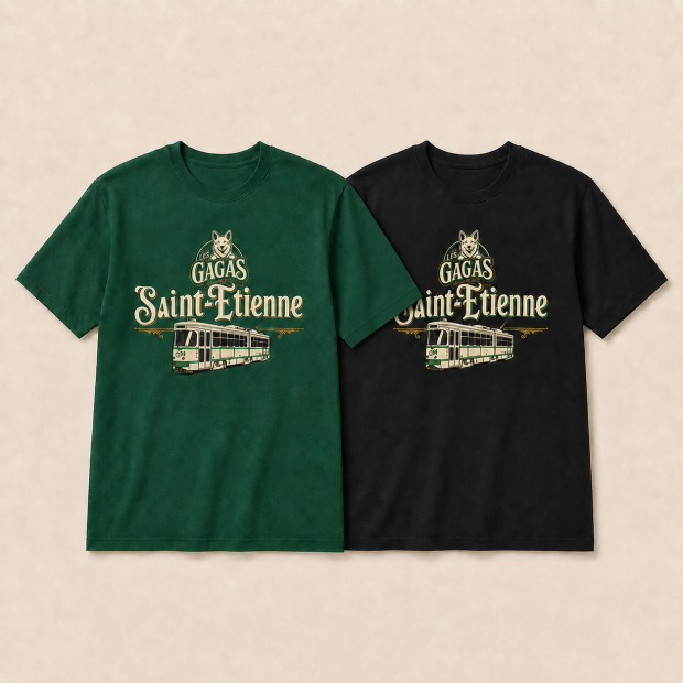 T-shirt Les Vieux Trams de Sainté, vert bouteille et noir, hommage au tram stéphanois et aux Gagas