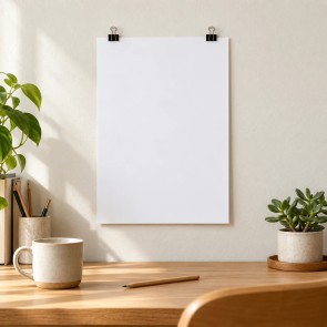 Affiche personnalisée A4 au format portrait, fixée par deux pinces au-dessus d’un bureau en bois