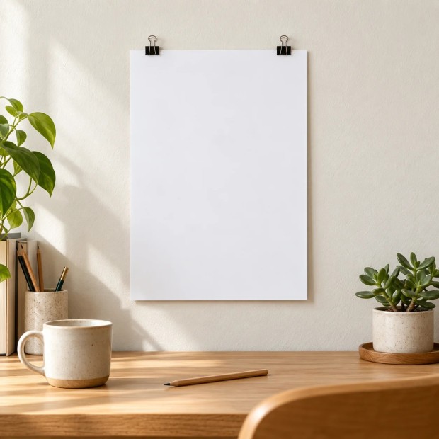 Affiche personnalisée A4 au format portrait, fixée par deux pinces au-dessus d’un bureau en bois