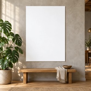 Affiche personnalisée A0 au format portrait, accrochée au-dessus d’un banc en bois dans un loft, à côté d’un monstera