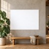 Affiche personnalisée A0 au format paysage, accrochée au-dessus d’un banc en bois dans un loft, à côté d’un monstera